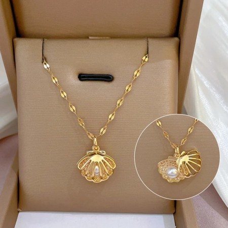 Fashion Stainless Steel Hollow Open Scallop Shell Necklace Real Gold Plated Shell Shape Pearl Necklace Women's Jewelry Gifts
